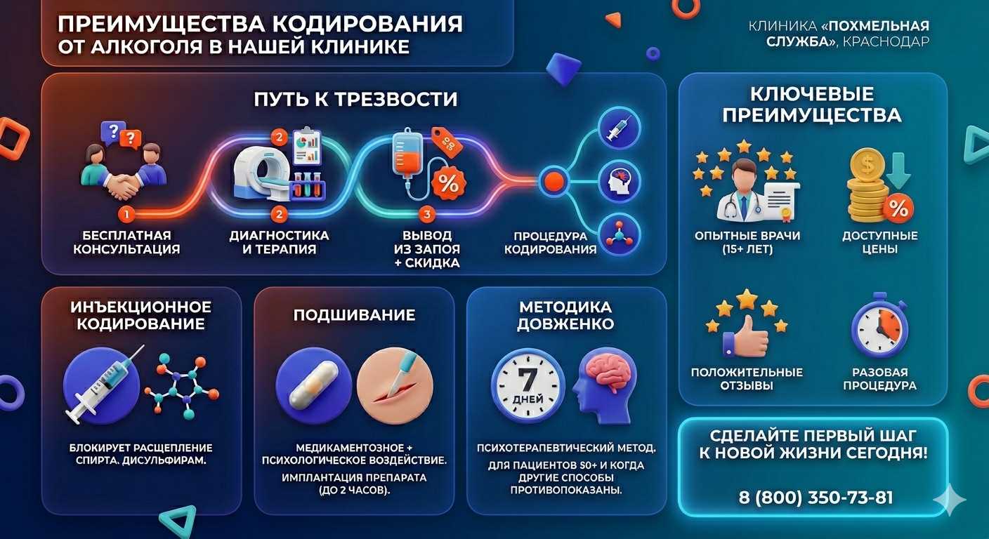 Инфографика о методах кодирования от алкоголя в Красной Горбатке: инъекции, подшивание, метод Довженко. Преимущества клиники и этапы лечения.