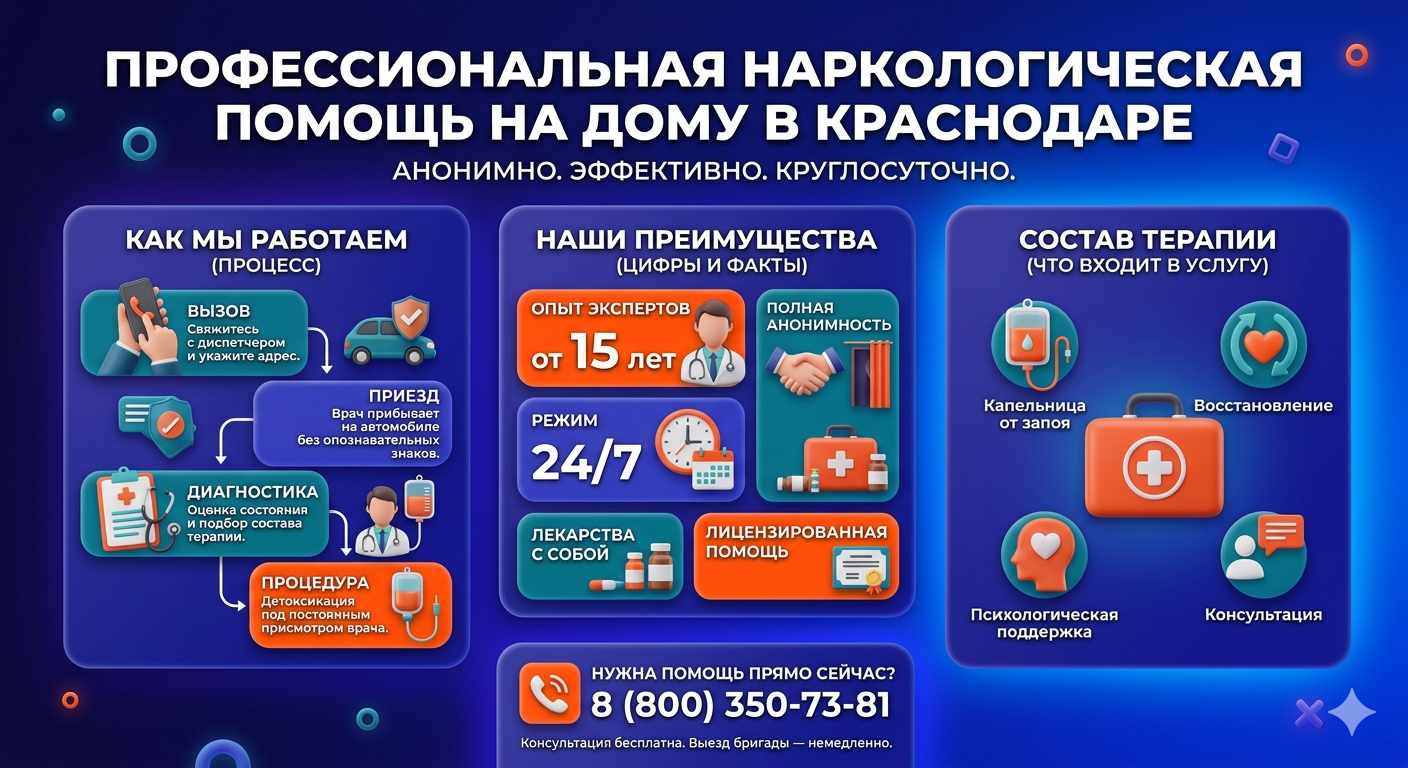 Инфографика о принципах лечения алкоголизма на дому в Красной Горбатке: этапы вызова нарколога, преимущества анонимной детоксикации и состав медицинской помощи.
